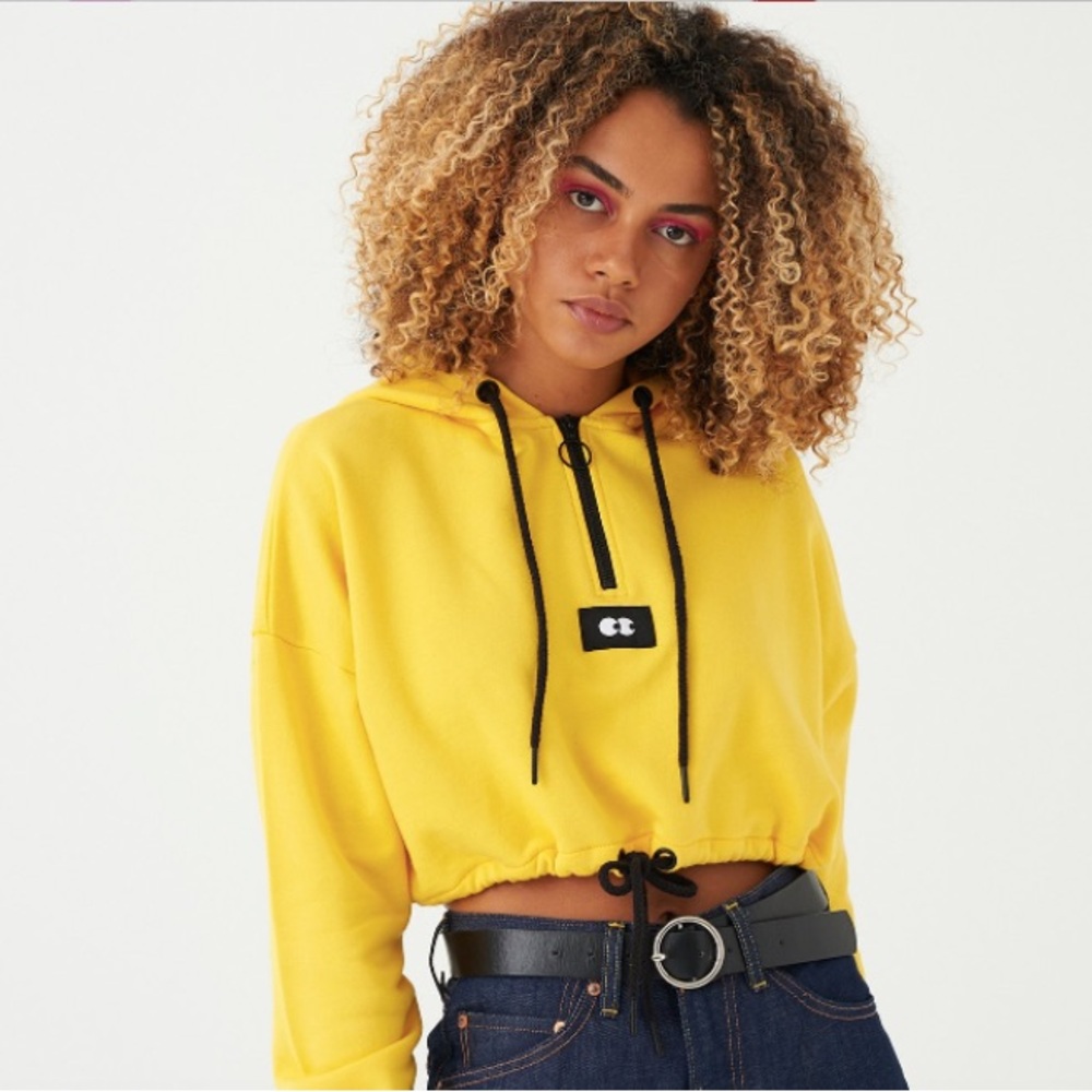 Lazy Oaf Yellow Zip Pull Ring Cropped Hoodie